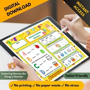 May include: A digital download of an alphabet learning activity for children, featuring Hammy the Hungry Hamster. The tablet-friendly worksheet includes tracing, coloring, and matching exercises. Text includes "Digital Download", "Instant Access", and "No printing, No paper waste, No stress."