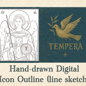 Puede incluir: Boceto digital dibujado a mano de un icono, que representa un ángel y una paloma con una rama de olivo. La palabra "TEMPERA" está debajo de la paloma. La imagen tiene una estética vintage.