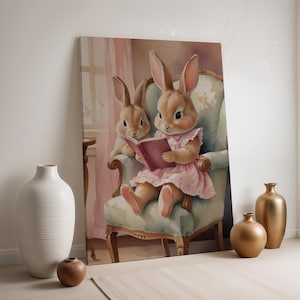 Bunny Reading Canvas, Cute Animal Wall Art, Pastel Nursery Print, Framed Kids Room Decor, Baby Girl Bunny Artwork, Whimsical Animal Poster