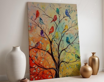 Colorful Birds on Tree Canvas, Vibrant Nature Wall Art, Rainbow Branch Print, Whimsical Animal Painting, Framed Decor for Living Room