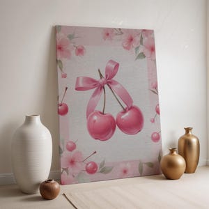 Cherry Bow Canvas, Pink Fruit Wall Art, Cute Girly Print, Pastel Kitchen Decor, Framed Sweet Cherry Poster, Romantic Soft Pop Artwork