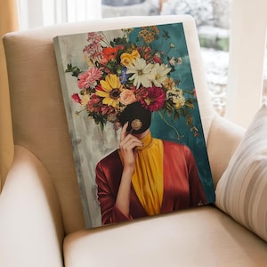 Colorful Floral Woman Portrait, Framed Canvas Art, Surreal Face Design, Modern Flower Wall Decor, Figurative Artwork Print Piece Design