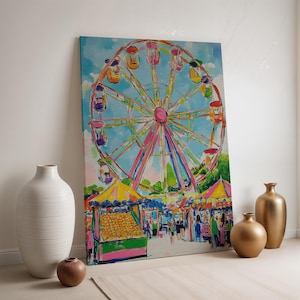 Karneval Riesenrad Leinwand Wandkunst, bunte Rummelplatz Gemälde, gerahmt Vergnügungspark Druck, wunderliche Sommer Dekoration für Kinderzimmer