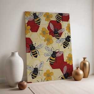 Bee Pattern Canvas Wall Art, Yellow Floral Honeycomb Print, Framed Nature Insect Decor, Cute Garden Bug Artwork, Gift for Bee Enthusiasts