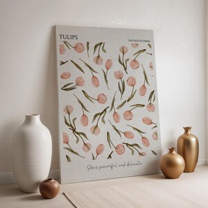 Vintage Tulpen Leinwand Wandkunst, rosa Blumen Illustration Druck, gerahmtes weiches botanisches Dekor, feminines Blumen Poster für Zimmer oder Geschenk