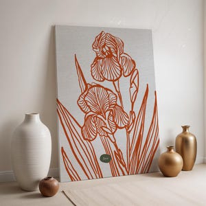 Art mural minimaliste en toile de fleurs d&#39;iris, impression de dessin au trait botanique orange brûlé, cadeau d&#39;art floral encadré moderne pour intérieurs scandinaves