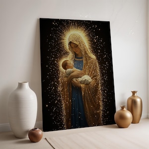 Lienzo de la Santa Madre y el Niño, impresión de la Virgen María resplandeciente, póster religioso católico, decoración sagrada dorada enmarcada para interiores fieles.