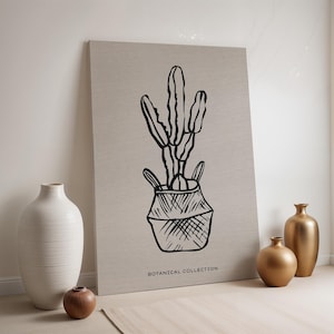 Kaktus Linie Kunst-Leinwand, Minimaler botanischer Druck, Skandinavische Wanddekoration, Neutrales Pflanzenposter, gerahmtes Geschenk für von der Natur inspirierte Interieurs