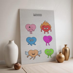 Stampa su tela con cuore dell'umore, stampa da parete con emoji dei cartoni animati, simpatica stampa pop art, faccine di cuore colorate, poster divertente incorniciato, decorazione emozionale, tela pastello