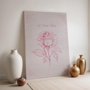 Impression sur toile art au trait rose, décoration murale La Vie en rose, affiche de dessin floral rose, citation artistique française romantique, cadeau féminin encadré