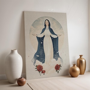 Virgin Mary Canvas Wall Art, Holy Mother Print, Religious Woman Artwork, Catholic Decor, Framed Blessed Canvas, Spiritual Faith Poster