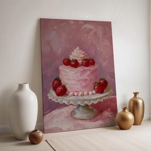 Strawberry Cake Canvas Wall Art, Pink Dessert Painting, Framed Pastry Print for Kitchen, Sweet Food Artwork, Whimsical Bakery Decor