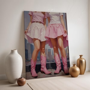 Lienzo con botas de vaquera rosa, arte mural de moda vaquera, impresión de chicas de ciudad, póster moderno enmarcado, decoración de vaquera urbana, obra de arte rosa de moda