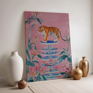 Lienzo de tigre rosa para pared, impresión enmarcada de animales de la selva y fuente floral, póster exótico y atrevido para dormitorio, galería o decoración llamativa.