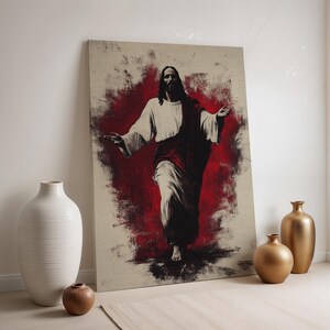 Jesus Christ Canvas, Religious Wall Art, Red White Spiritual Painting, Christian Home Decor, Framed Inspirational Print, Sacred Art Poster
