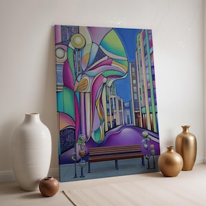 Colorful Cityscape Canvas Art, Abstract Urban Wall Print, Framed Geometric Street Scene, Vibrant Modern Painting for Living Room Decor