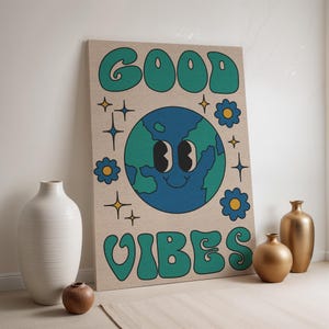Lienzo de buenas vibras, impresión de emoticono de la Tierra, arte mural con cita positiva, póster retro colorido, decoración de planetas enmarcada, arte bohemio hippie en lienzo