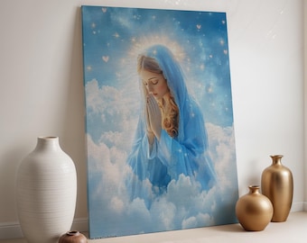 Virgin Mary Cloud Canvas, Blue Sky Religious Art, Praying Madonna Print, Framed Christian Wall Decor, Spiritual Catholic Canvas Poster