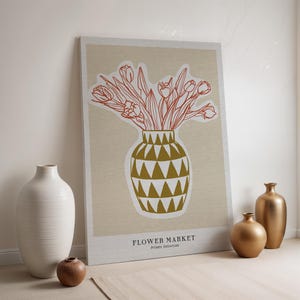 Lienzo decorativo para pared con diseño de jarrón de mercado de flores, dibujo minimalista de tulipanes con maceta geométrica, regalo botánico enmarcado para interiores retro boho o tranquilos.
