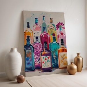 Bunte Flaschen Leinwand Wandkunst, gerahmte botanische Getränk Druck, lebendige Glasdekor, Küche oder Bar Wandplakat für Cocktail-Liebhaber Geschenk