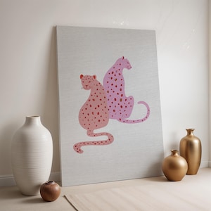 Pink Leopard Canvas Wall Art, Minimal Animal Print, Modern Big Cat Poster, Framed Pastel Jungle Decor, Cute Safari Panther Canvas Design
