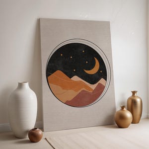 Mond Berg Nacht Landschaft Leinwand, Boho Erdton Wandkunst, gerahmte himmlische Druck, minimale Wüstenszene für ruhige, moderne Innenräume