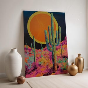 Neon Wüsten Kaktus Wandkunst, Landschaftsdruck, gerahmtes psychedelisches Südwest Poster, Color Pop Decor für moderne Räume