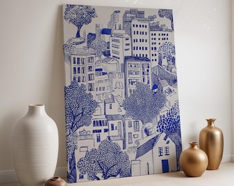 Blue Urban Landscape Canvas, Hand Drawn City Buildings Wall Art, Framed Minimal Line Drawing, Modern Architecture Sketch Decor Print