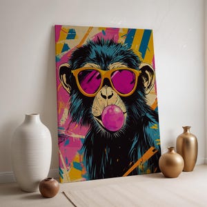 Cool Monkey Canvas Wall Art, Funny Animal with Glasses Print, Bubble Gum Pop Art, Framed Modern Decor, Gift for Teens or Art Collectors