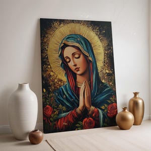 Virgin Mary Canvas, Holy Mother Wall Art, Catholic Prayer Print, Framed Religious Decor, Marian Sacred Portrait, Blessed Madonna Poster
