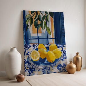Lemon Still Life Canvas Wall Art, Framed Yellow Fruit Kitchen Print, Blue Window Decor, Fresh Summer Dining Room Poster for Farmhouse Style