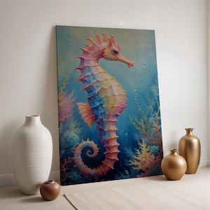 Seahorse Canvas Print, Colorful Ocean Wall Art, Underwater Sea Life Decor, Framed Tropical Artwork, Marine Animal Painting for Beach Home