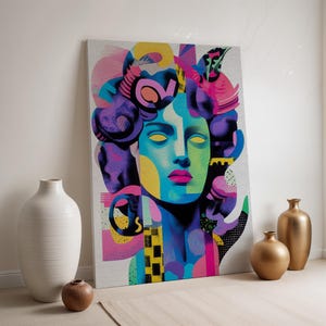 Pop Art Griechische Statue Leinwand, Bunte Moderne Wandkunst, Gerahmtes Kühnen Kopf Porträt Druck, Zeitgenössisches Abstraktes Dekor für Edgy Interieurs