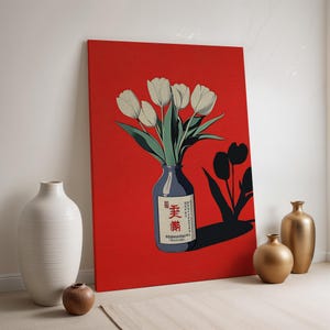 White Tulips in Blue Vase Canvas, Bold Red Floral Art Print, Framed Minimalist Flower Poster, Modern Graphic Wall Decor for Kitchen or Hall