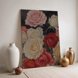 Floral Rose Canvas Print, Vintage Botanical Wall Art, Red White Pink Rose Painting, Romantic Framed Flower Decor for Living Room Bedroom
