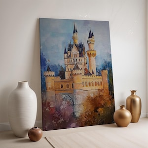 Castle Canvas Wall Art, Fantasy Castle Painting Print, Fairytale Landscape Decor, Framed Medieval Fortress Art, Storybook Style Wall Poster