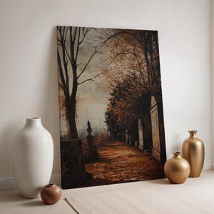 Gothic Cemetery Canvas, Dark Autumn Forest Wall Art, Spooky Pathway Print, Framed Halloween Decor, Haunted Graveyard Landscape Painting