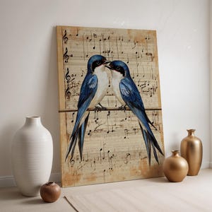 Romantic Swallows on Sheet Music Canvas, Blue Bird Couple Wall Art, Vintage Animal Print, Framed Nature Lover Gift, Rustic Music Decor