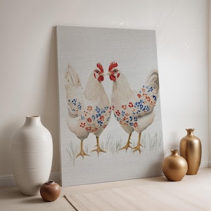Floral Chicken Couple Canvas, Country Farmhouse Wall Art, White Hen and Rooster Print, Framed Rustic Kitchen Decor, Animal Lover Gift Idea