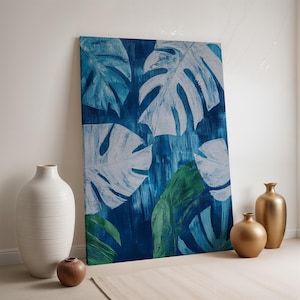 Tropical Leaf Canvas Wall Art, Blue Monstera Botanical Print, Framed Jungle Plant Poster, Modern Nature Decor for Living Room or Bedroom