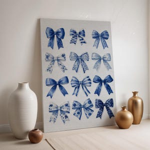 Blue Bow Canvas Wall Art, Watercolor Ribbon Print, Cute Pattern Poster, Framed Feminine Decor, Pastel Gift Wrap Style, Soft Blue Artwork