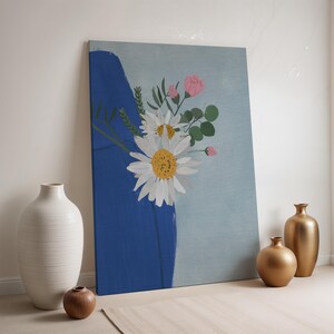Daisy Flower Canvas Wall Art, Blue Vase Botanical Print, Framed Floral Illustration, Modern Nature Poster for Calm Cozy Minimal Decor