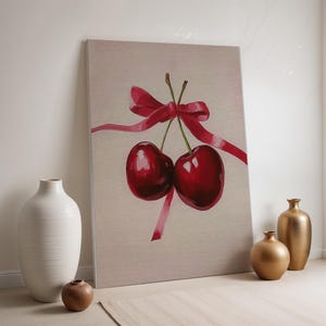 Cherry Canvas Wall Art, Red Fruit Painting with Bow, Framed Kitchen Print, Cute Food Decor, Feminine Sweet Artwork for Dining or Cafe