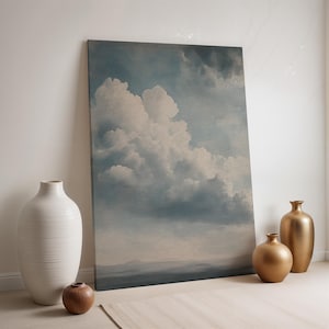 Cloudscape Canvas Art, Blue Sky Wall Print, Serene Cloud Painting, Atmospheric Framed Canvas, Minimalist Landscape, Tranquil Wall Decor