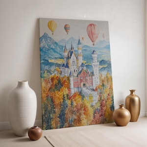 Lienzo decorativo con paisaje de castillo, impresión enmarcada de globo aerostático de cuento de hadas, póster de montaña otoñal mágica para habitación infantil o decoración caprichosa.