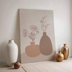 Lienzo de jarrón minimalista con flores, impresión de dibujo lineal bohemio neutro, decoración enmarcada en beige y marrón, póster botánico moderno para el hogar.