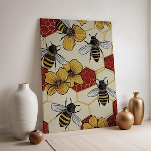 Bee and Flower Canvas Wall Art, Honeycomb Pattern Print, Framed Insect Decor, Yellow Black Modern Nature Art, Cute Gift for Bee Lovers