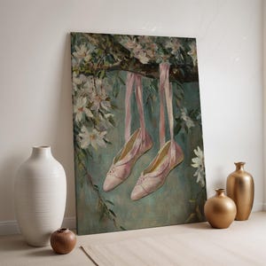 Vintage Ballet Shoes Canvas Wall Art, Pink Slippers Hanging on Branch, Framed Floral Dance Decor, Romantic Ballerina Gift for Studio