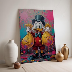 Stampa su tela "Rich Duck", stampa del personaggio Pop Art "Sacco di soldi", decorazione in stile graffiti incorniciata, regalo moderno e audace per un'atmosfera divertente e benestante.