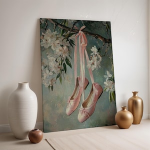 Ballet Shoes Canvas Wall Art, Pink Pointe Slippers Print, Framed Floral Dance Decor, Romantic Ballerina Poster for Bedroom or Studio
